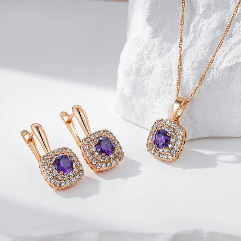 Tasteful Hot Purple Natural Zircon Drop Earrings in 585 Rose Gold Finish