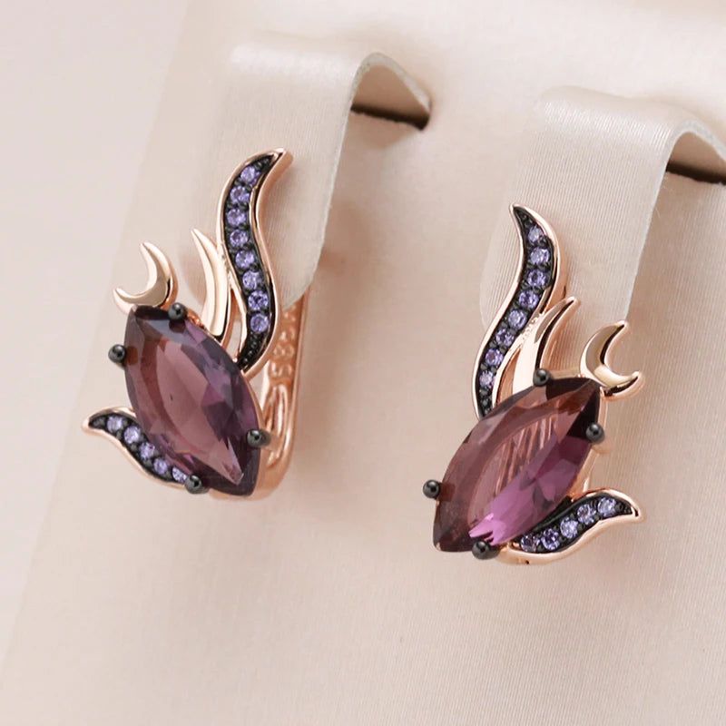 Tasteful Hot Purple Natural Zircon Drop Earrings in 585 Rose Gold with Vintage Black Plating