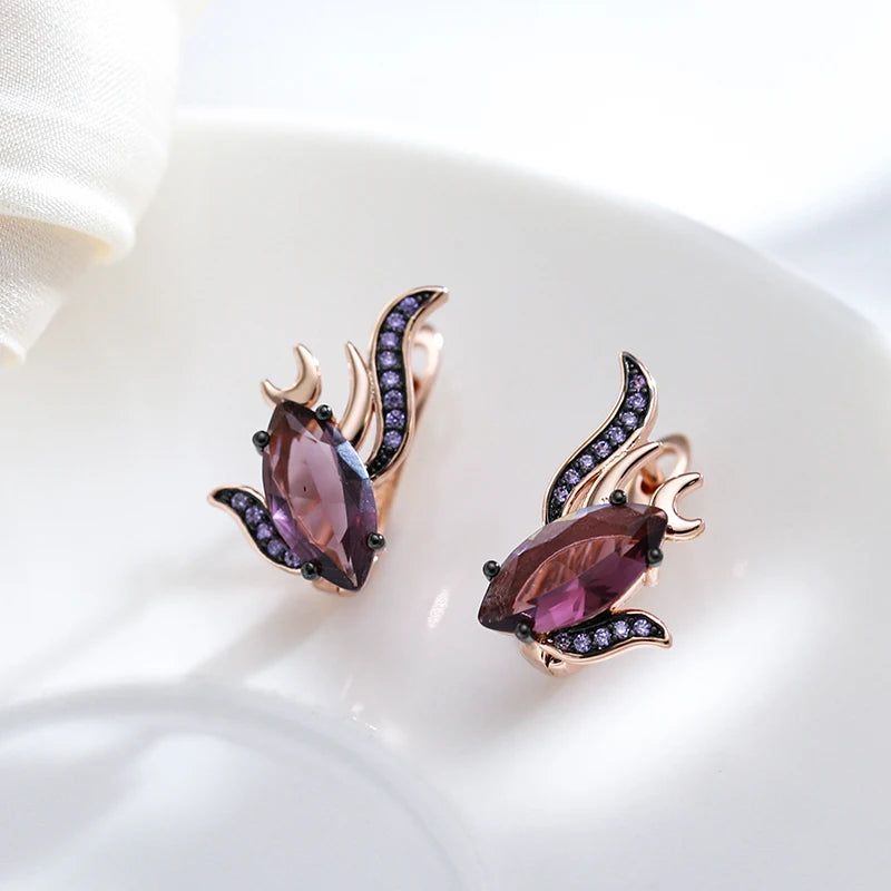 Tasteful Hot Purple Natural Zircon Drop Earrings in 585 Rose Gold with Vintage Black Plating