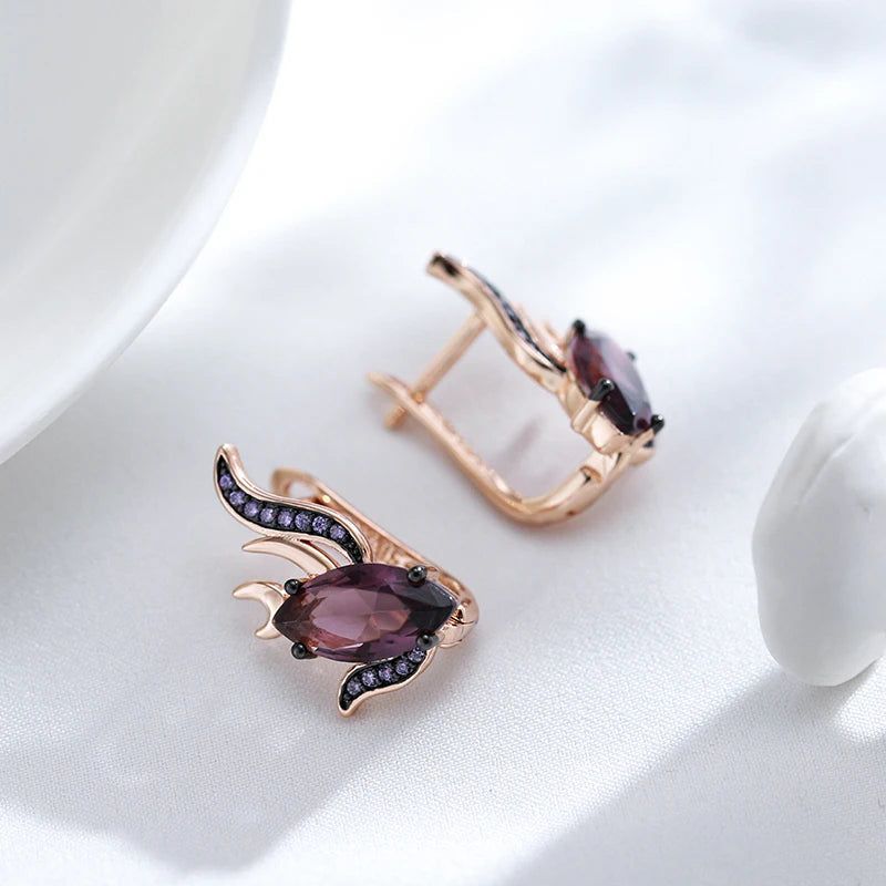 Tasteful Hot Purple Natural Zircon Drop Earrings in 585 Rose Gold with Vintage Black Plating