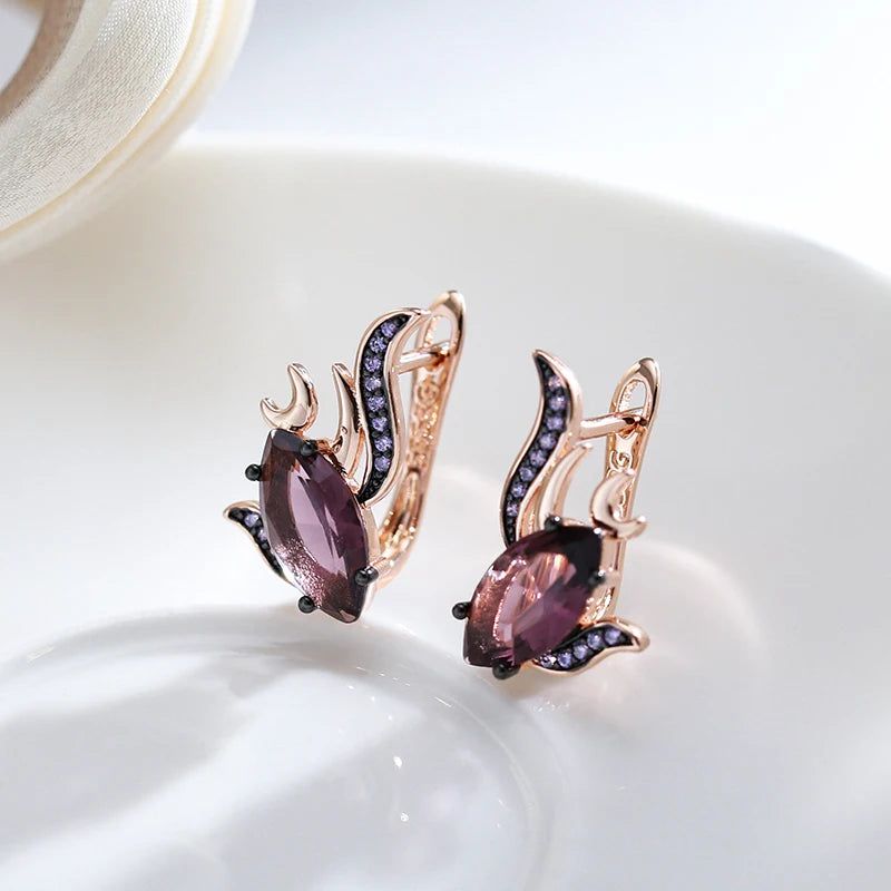 Tasteful Hot Purple Natural Zircon Drop Earrings in 585 Rose Gold with Vintage Black Plating