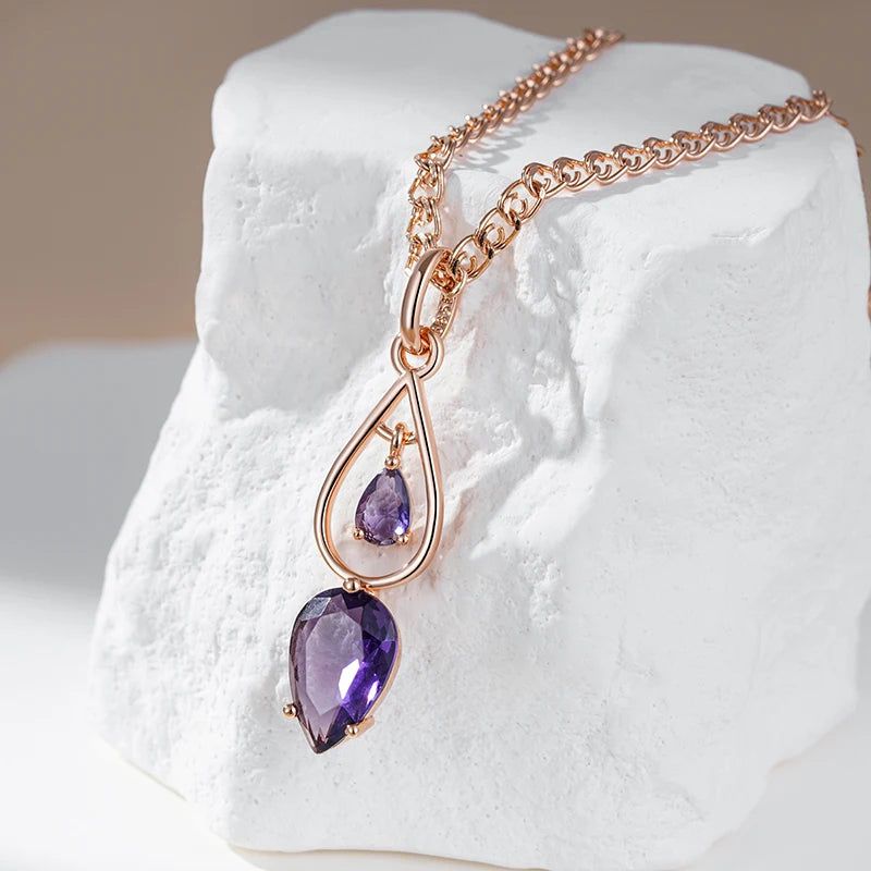 Tasteful Hot Purple Natural Zircon Long Pendant Necklace in 585 Rose Gold Accessories