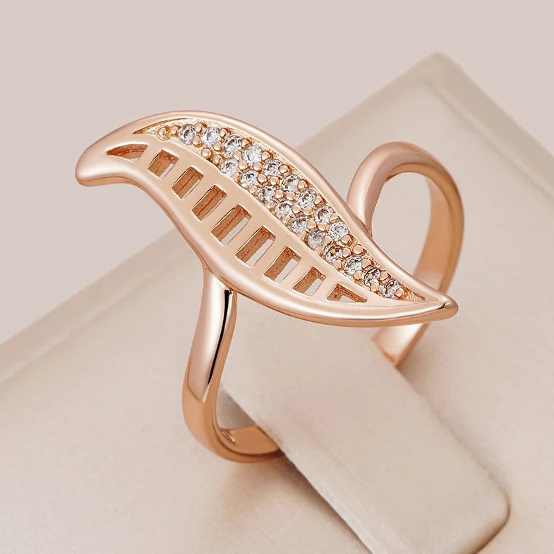 Tasteful Leaf Design 585 Rose Gold Ring with Micro Wax Inlay and Natural Zircon for Fashion-forward Jewelry Lovers