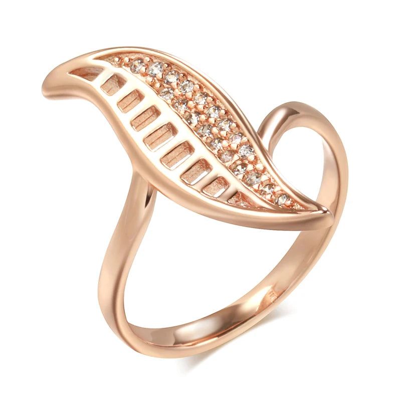 Tasteful Leaf Design 585 Rose Gold Ring with Micro Wax Inlay and Natural Zircon for Fashion-forward Jewelry Lovers