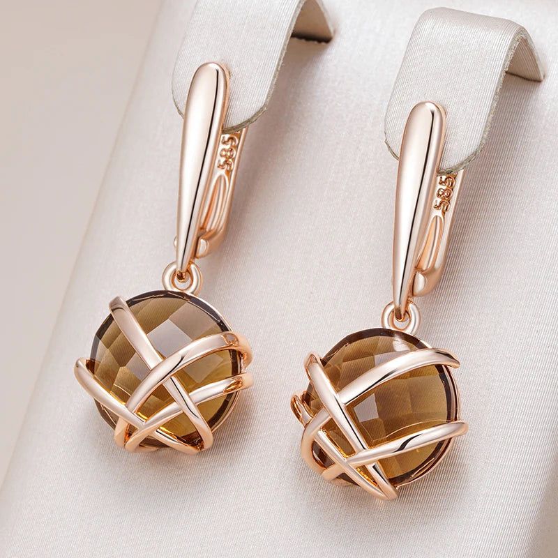 Tasteful Light Brown Natural Zircon Geometric Drop Earrings in Luxury 585 Rose Gold Finish