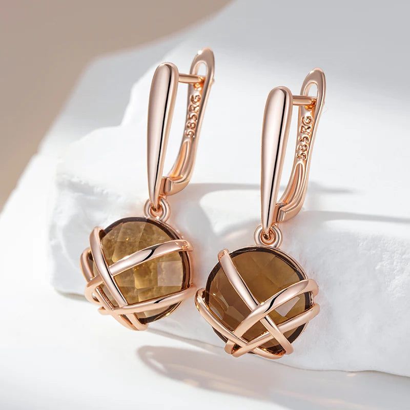 Tasteful Light Brown Natural Zircon Geometric Drop Earrings in Luxury 585 Rose Gold Finish