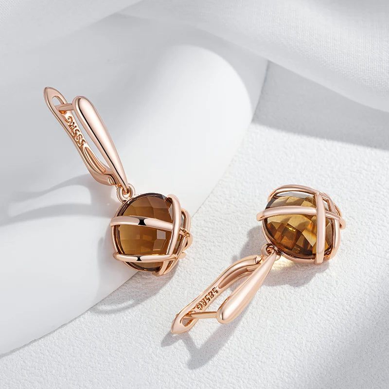 Tasteful Light Brown Natural Zircon Geometric Drop Earrings in Luxury 585 Rose Gold Finish