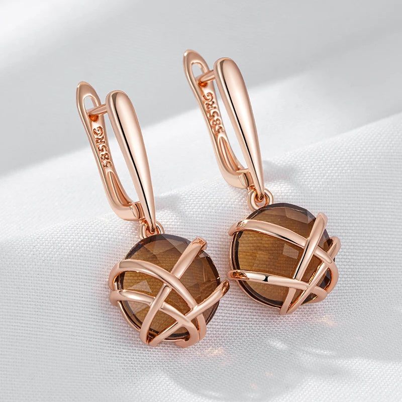 Tasteful Light Brown Natural Zircon Geometric Drop Earrings in Luxury 585 Rose Gold Finish