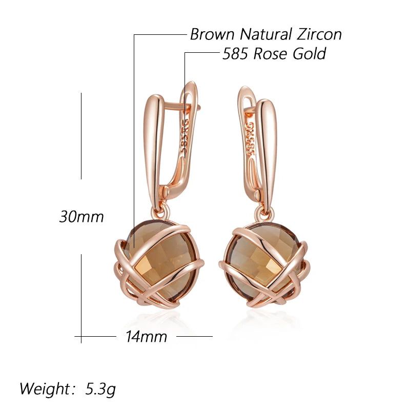 Tasteful Light Brown Natural Zircon Geometric Drop Earrings in Luxury 585 Rose Gold Finish