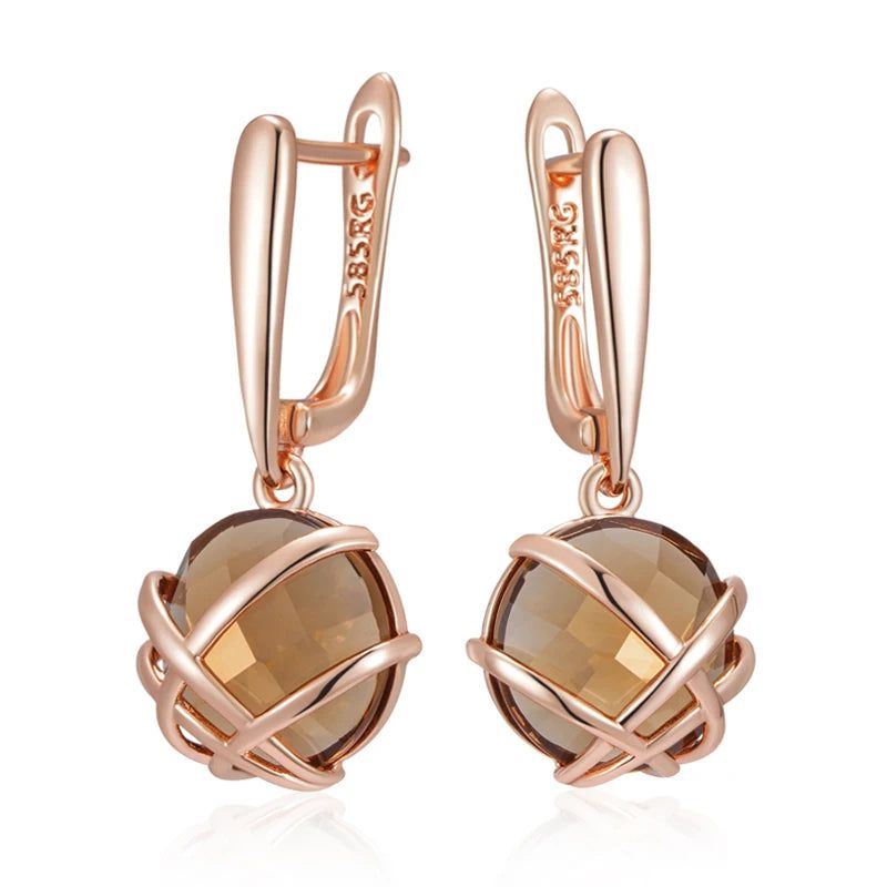 Tasteful Light Brown Natural Zircon Geometric Drop Earrings in Luxury 585 Rose Gold Finish