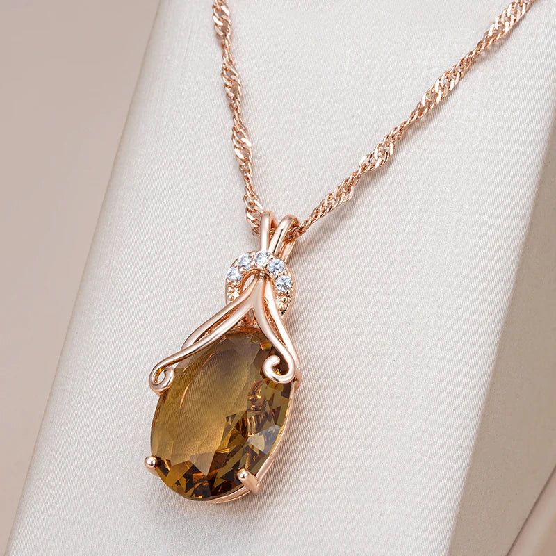 Tasteful Light Brown Natural Zircon Oval Pendant Necklace in 585 Rose Gold - High-Quality Fashion Jewelry