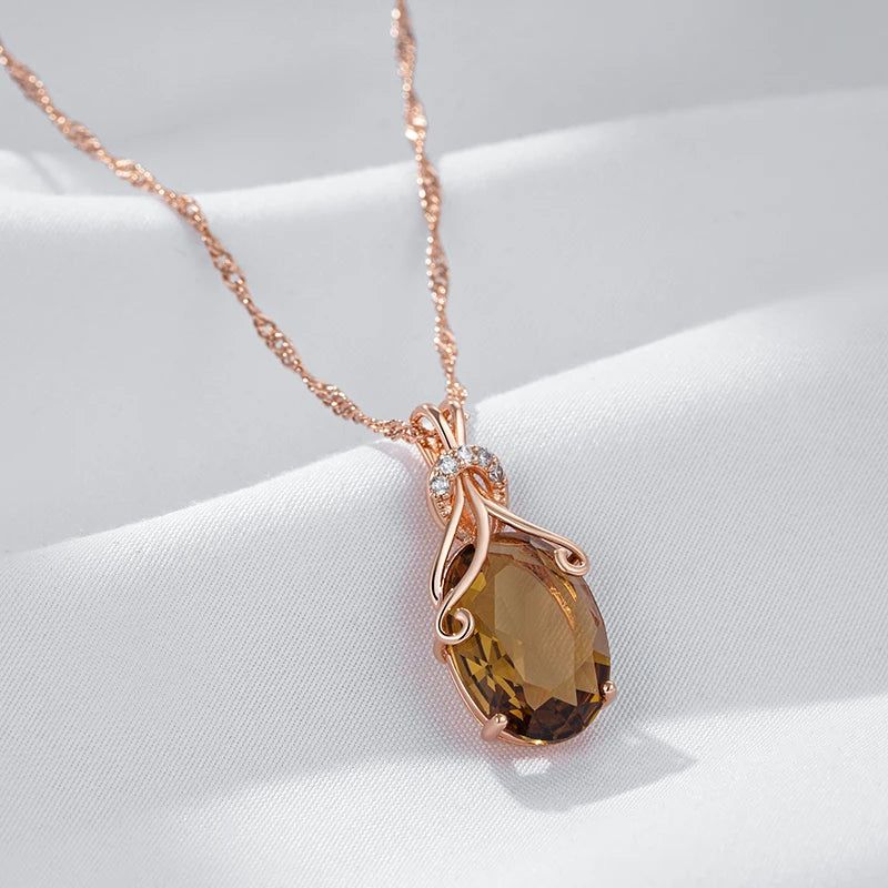 Tasteful Light Brown Natural Zircon Oval Pendant Necklace in 585 Rose Gold - High-Quality Fashion Jewelry