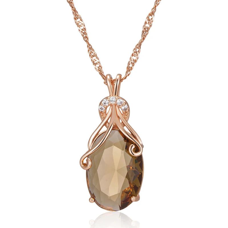 Tasteful Light Brown Natural Zircon Oval Pendant Necklace in 585 Rose Gold - High-Quality Fashion Jewelry