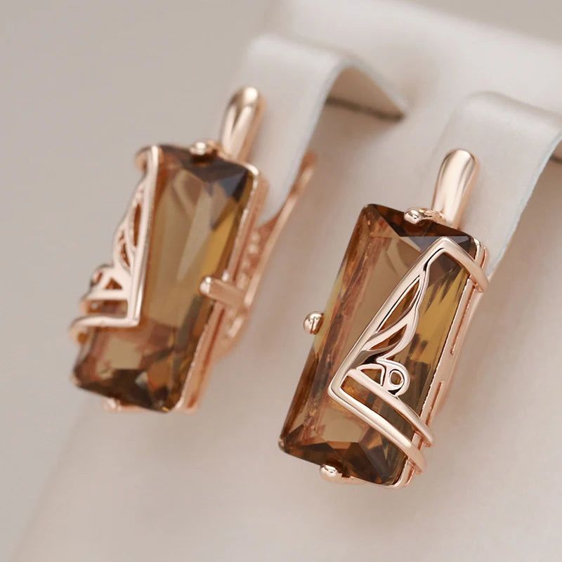 Tasteful Light Brown Natural Zircon Square Earrings in 585 Rose Gold - High-Quality Fashion Jewelry