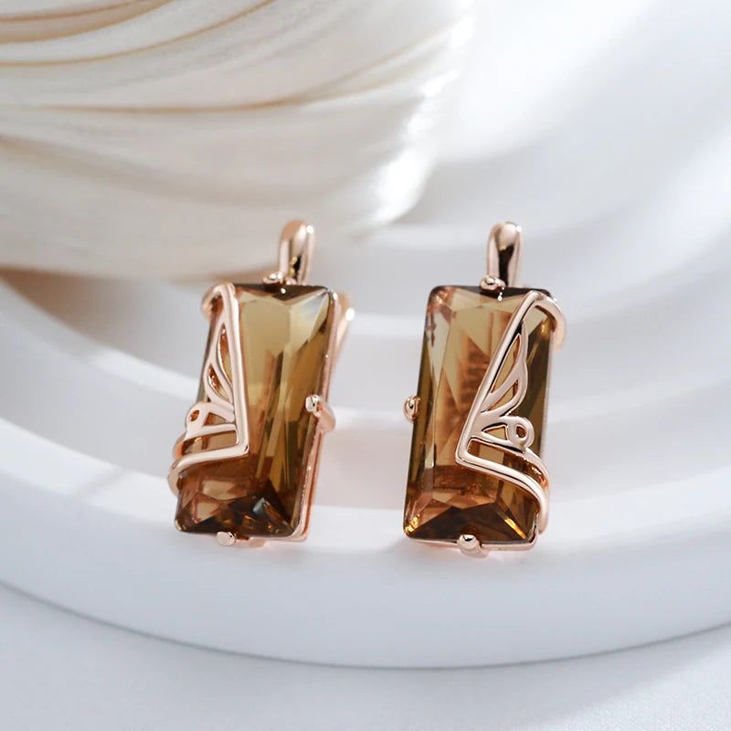 Tasteful Light Brown Natural Zircon Square Earrings in 585 Rose Gold - High-Quality Fashion Jewelry