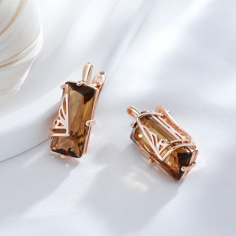 Tasteful Light Brown Natural Zircon Square Earrings in 585 Rose Gold - High-Quality Fashion Jewelry