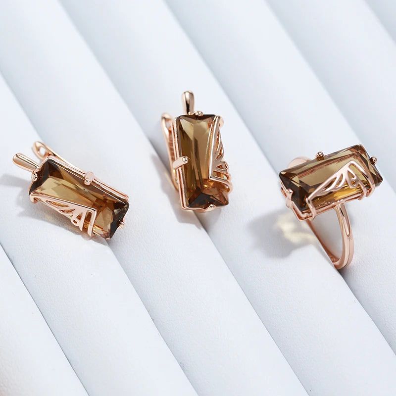 Tasteful Light Brown Natural Zircon Square Earrings in 585 Rose Gold - High-Quality Fashion Jewelry