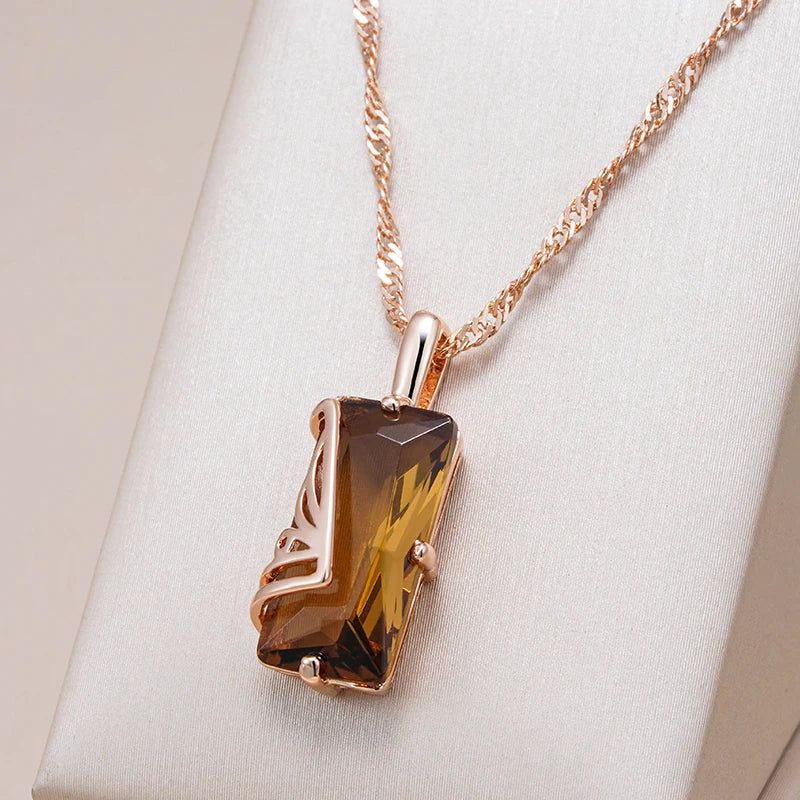 Tasteful Light Brown Natural Zircon Square Pendant Necklace in 585 Rose Gold Plating