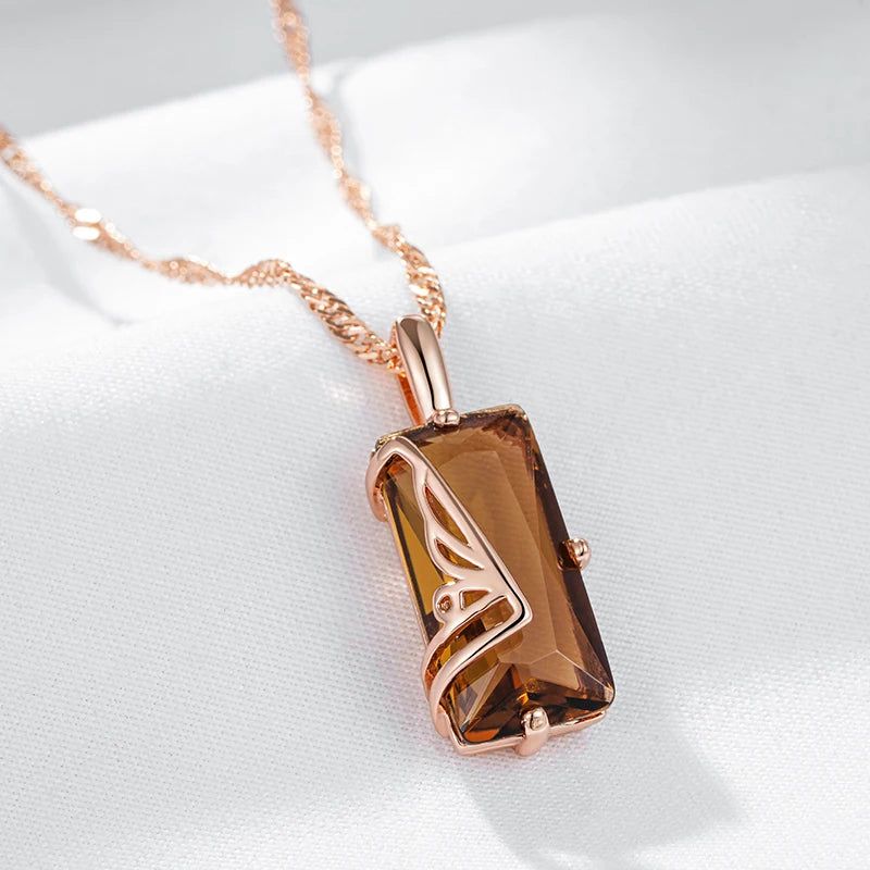 Tasteful Light Brown Natural Zircon Square Pendant Necklace in 585 Rose Gold Plating