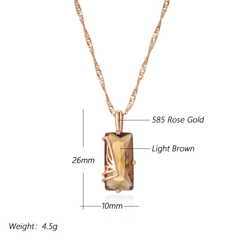 Tasteful Light Brown Natural Zircon Square Pendant Necklace in 585 Rose Gold Plating