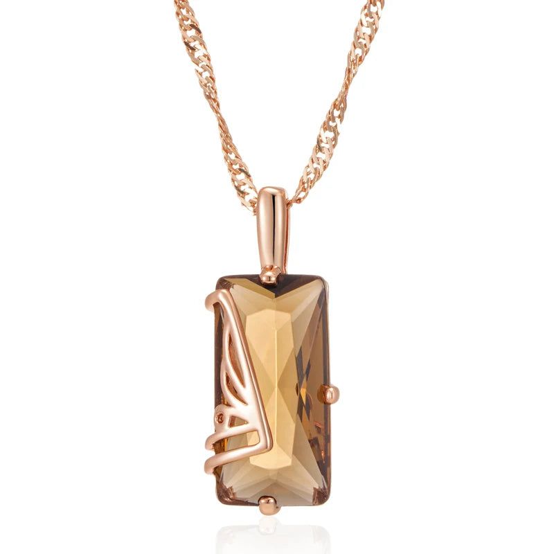 Tasteful Light Brown Natural Zircon Square Pendant Necklace in 585 Rose Gold Plating