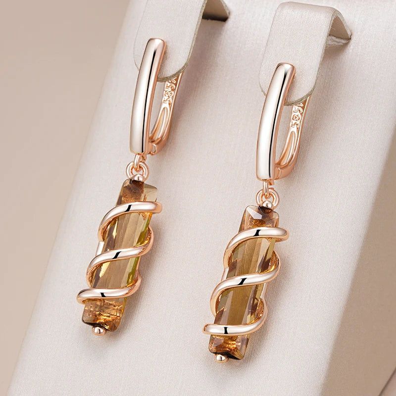 Tasteful Light Brown Zircon Drop Earrings in 585 Rose Gold - Unique Square Design Jewelry