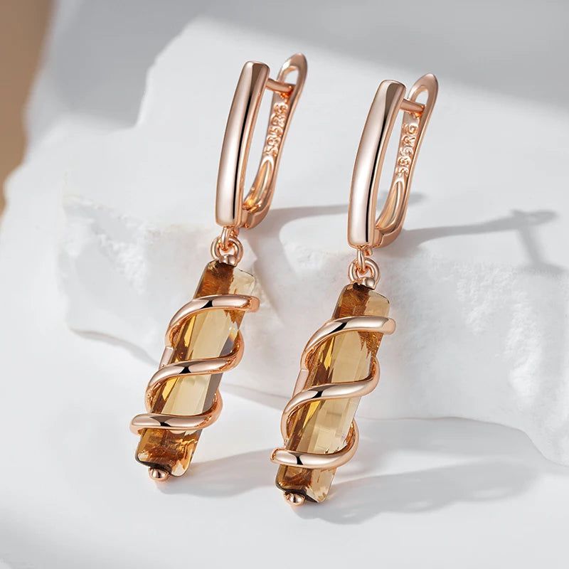 Tasteful Light Brown Zircon Drop Earrings in 585 Rose Gold - Unique Square Design Jewelry