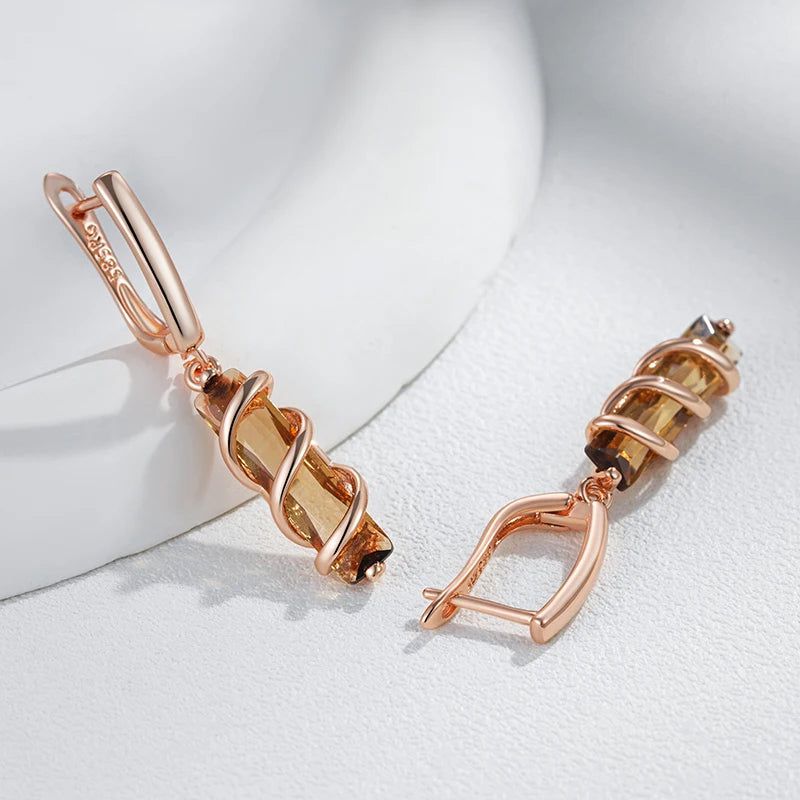 Tasteful Light Brown Zircon Drop Earrings in 585 Rose Gold - Unique Square Design Jewelry