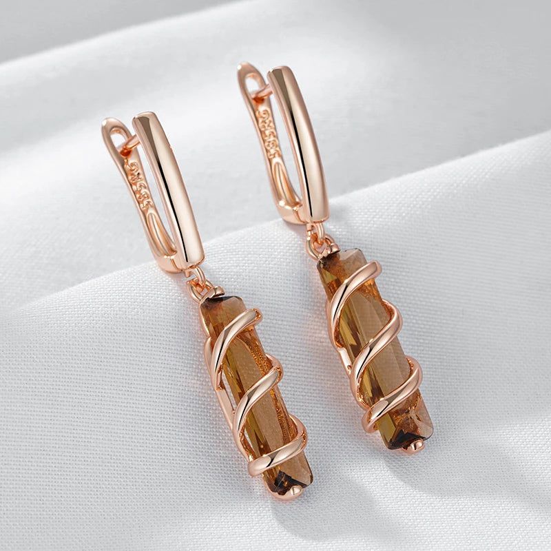 Tasteful Light Brown Zircon Drop Earrings in 585 Rose Gold - Unique Square Design Jewelry