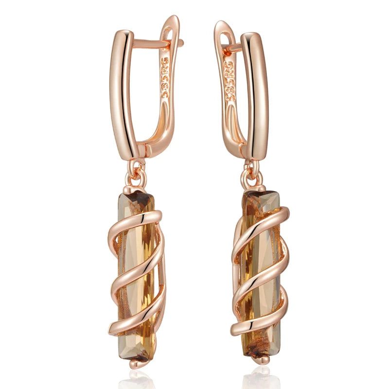 Tasteful Light Brown Zircon Drop Earrings in 585 Rose Gold - Unique Square Design Jewelry