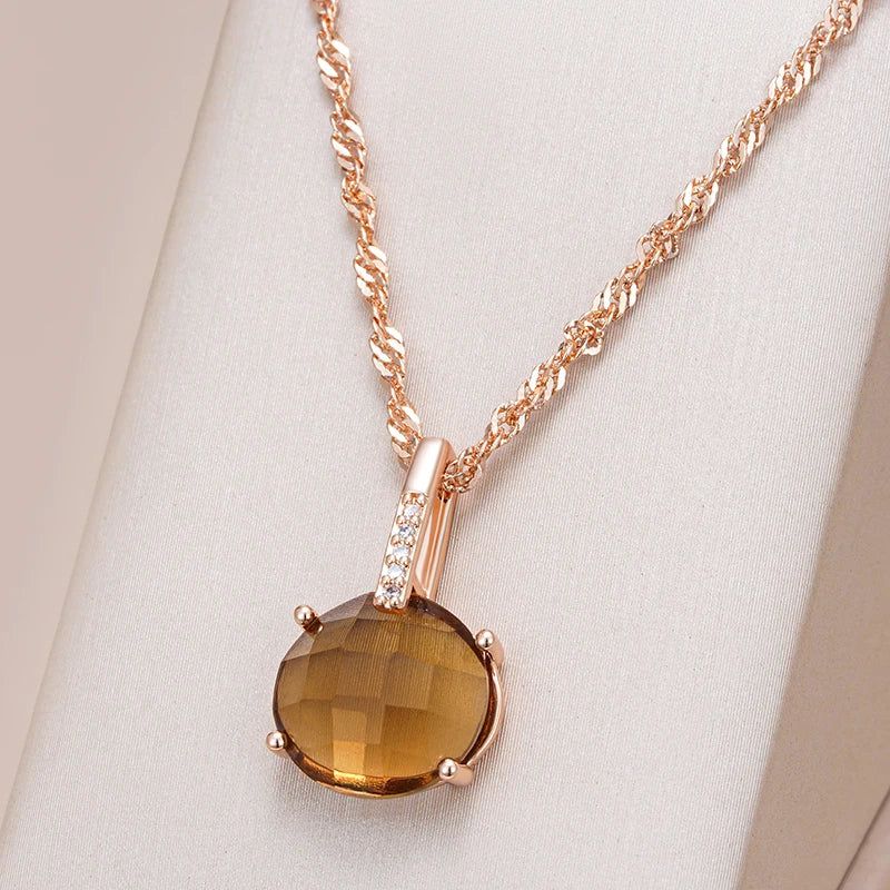 Tasteful Light Brown Zircon Round Pendant Necklace in Rose Gold - High Quality Jewelry