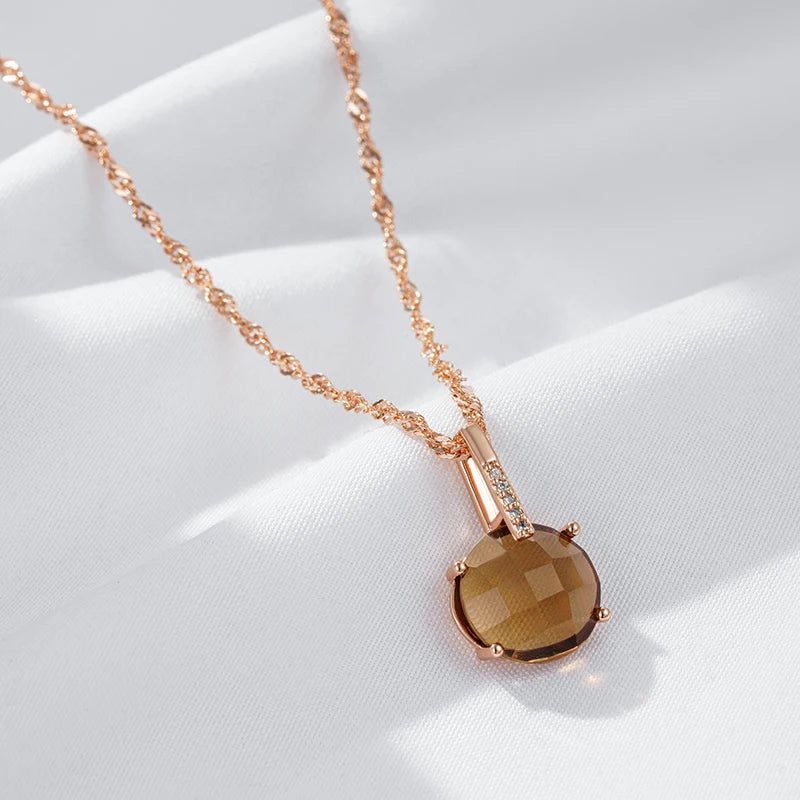 Tasteful Light Brown Zircon Round Pendant Necklace in Rose Gold - High Quality Jewelry