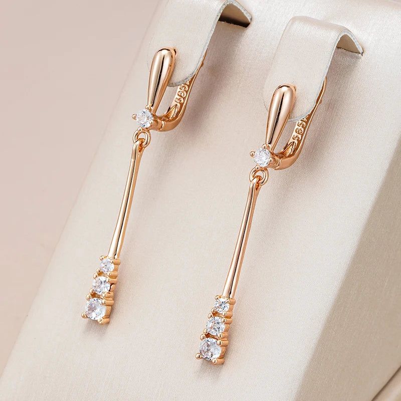 Tasteful Long Dangle Earrings in 585 Rose Gold with Natural Zircon Accents