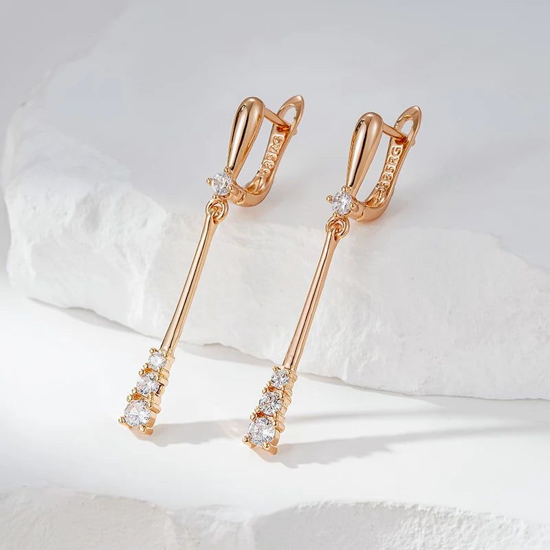 Tasteful Long Dangle Earrings in 585 Rose Gold with Natural Zircon Accents