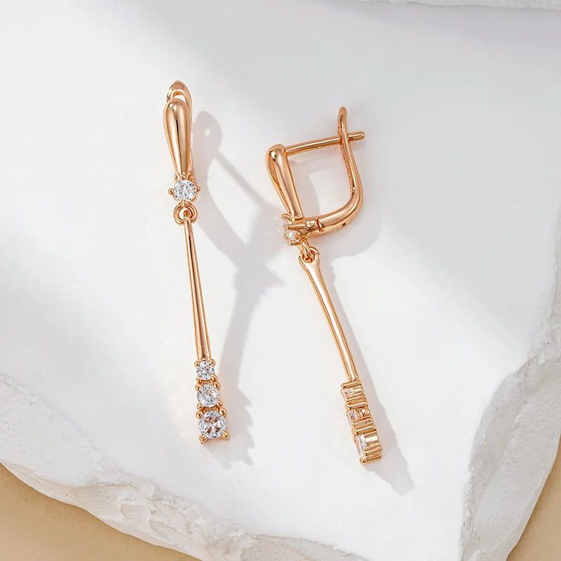 Tasteful Long Dangle Earrings in 585 Rose Gold with Natural Zircon Accents