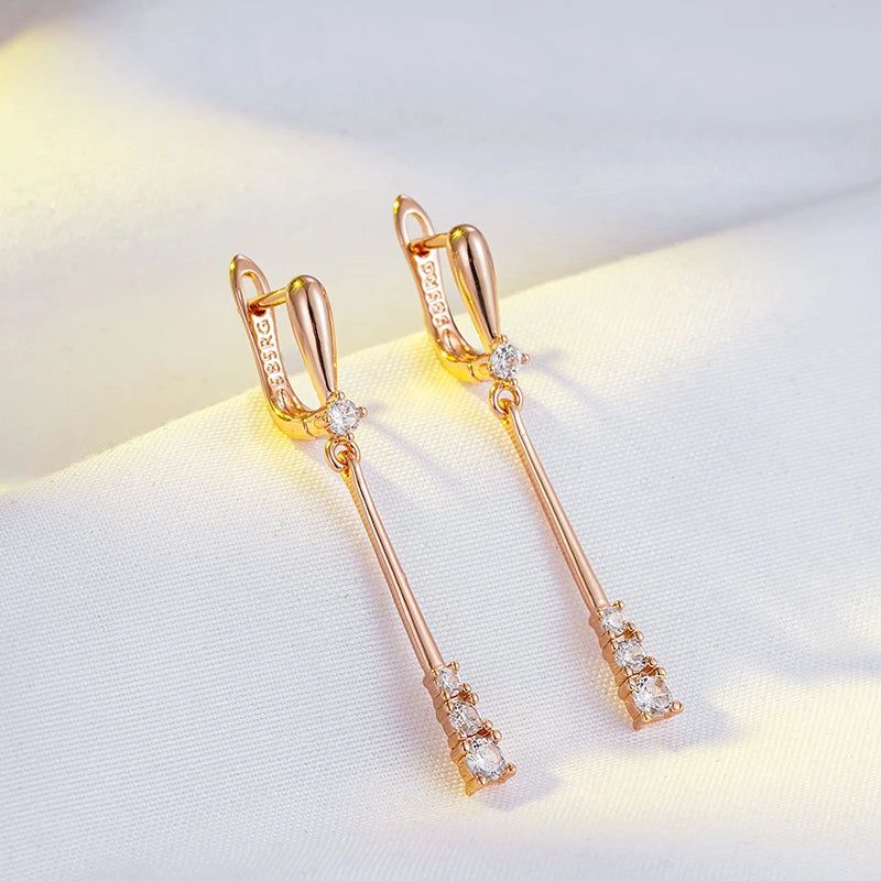 Tasteful Long Dangle Earrings in 585 Rose Gold with Natural Zircon Accents