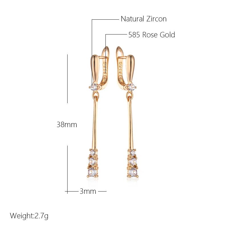 Tasteful Long Dangle Earrings in 585 Rose Gold with Natural Zircon Accents