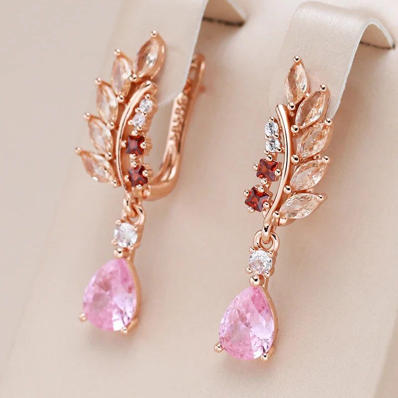 Tasteful Long Dangle Earrings with Natural Zircon in Luxurious Rose Gold Finish