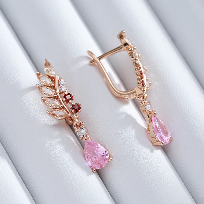 Tasteful Long Dangle Earrings with Natural Zircon in Luxurious Rose Gold Finish