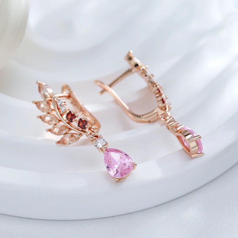 Tasteful Long Dangle Earrings with Natural Zircon in Luxurious Rose Gold Finish