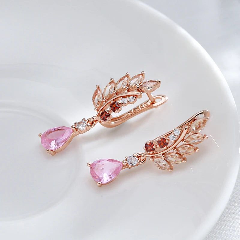 Tasteful Long Dangle Earrings with Natural Zircon in Luxurious Rose Gold Finish