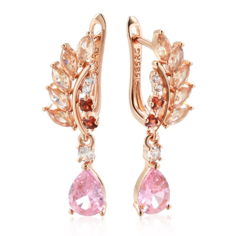 Tasteful Long Dangle Earrings with Natural Zircon in Luxurious Rose Gold Finish