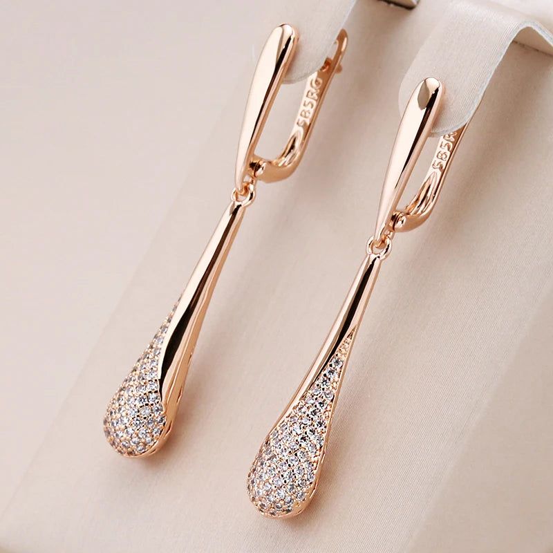 Tasteful Long Dangle Earrings with Sparkling Natural Zircon in 585 Rose Gold