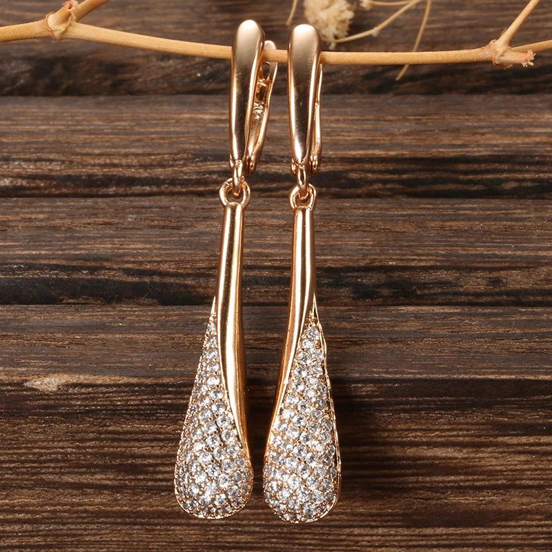 Tasteful Long Dangle Earrings with Sparkling Natural Zircon in 585 Rose Gold