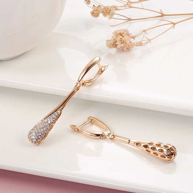 Tasteful Long Dangle Earrings with Sparkling Natural Zircon in 585 Rose Gold