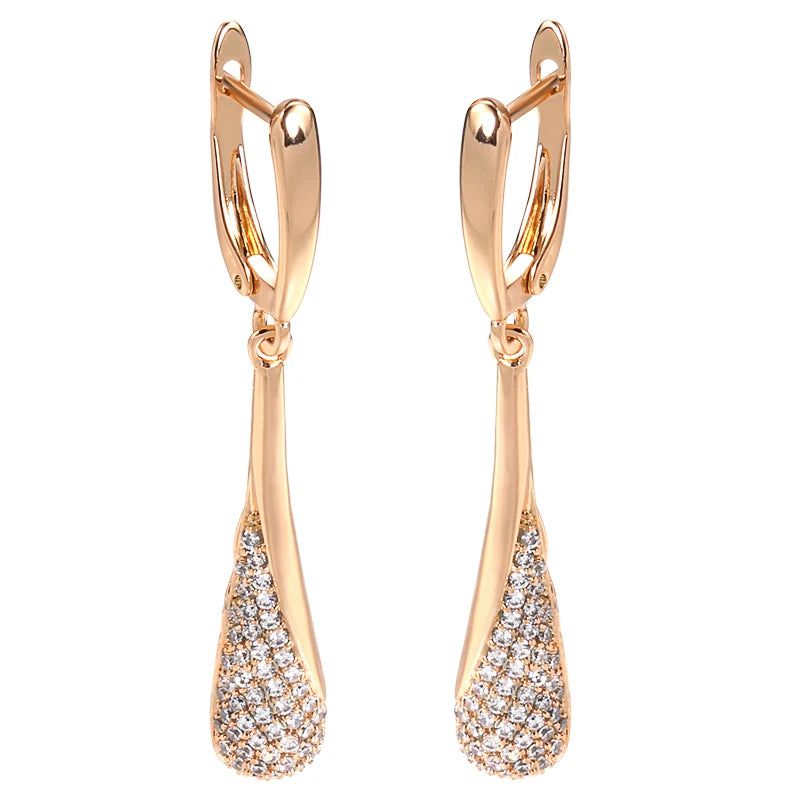 Tasteful Long Dangle Earrings with Sparkling Natural Zircon in 585 Rose Gold