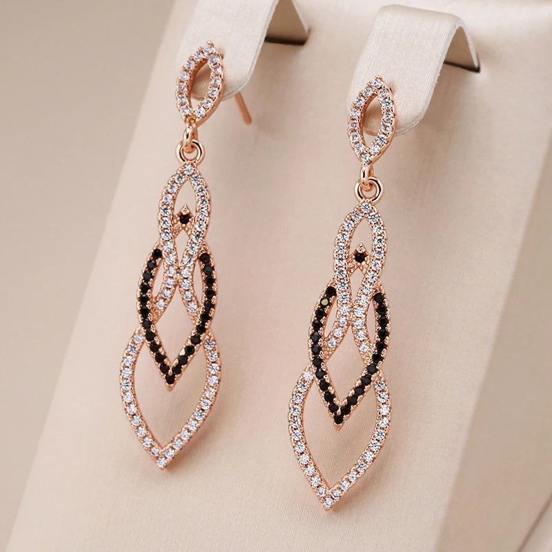 Tasteful Long Drop Earrings in 585 Rose Gold with Black Natural Zircon - Vintage Inspired Jewelry