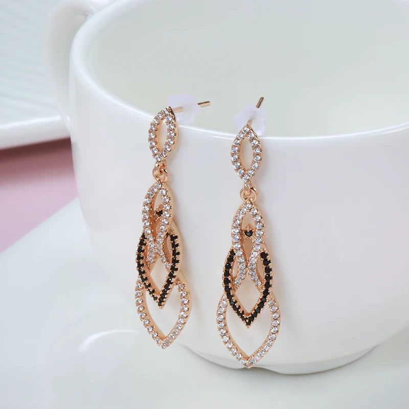 Tasteful Long Drop Earrings in 585 Rose Gold with Black Natural Zircon - Vintage Inspired Jewelry