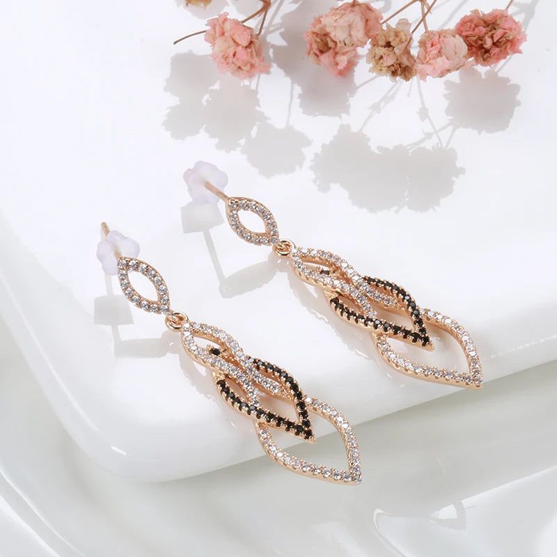 Tasteful Long Drop Earrings in 585 Rose Gold with Black Natural Zircon - Vintage Inspired Jewelry