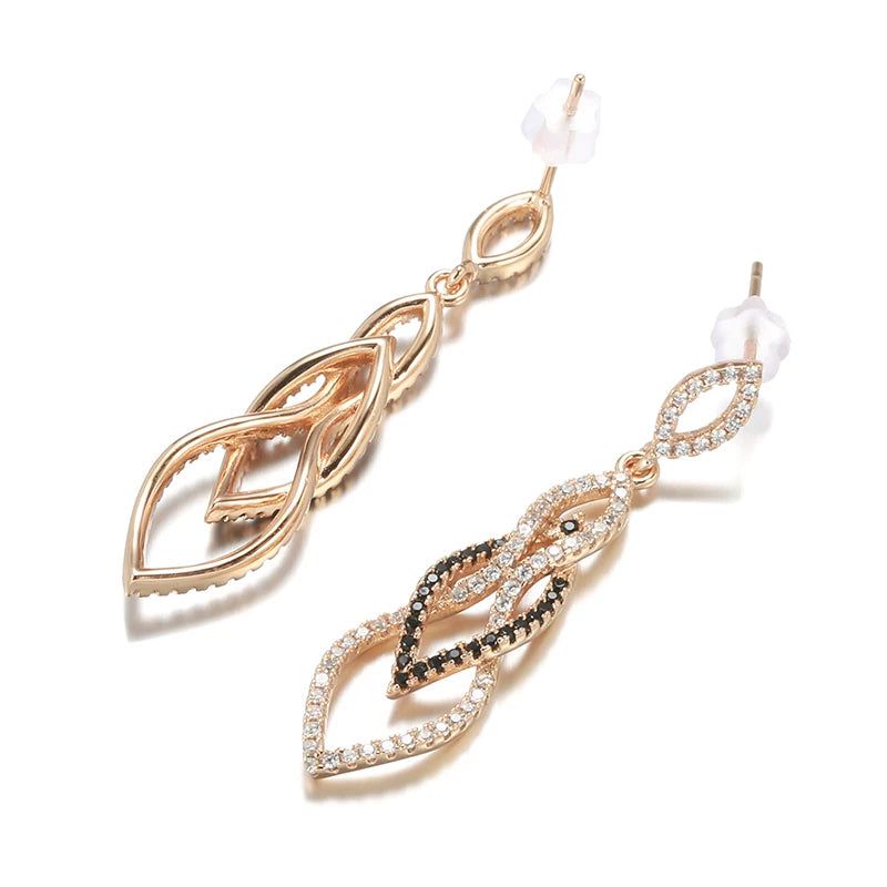 Tasteful Long Drop Earrings in 585 Rose Gold with Black Natural Zircon - Vintage Inspired Jewelry